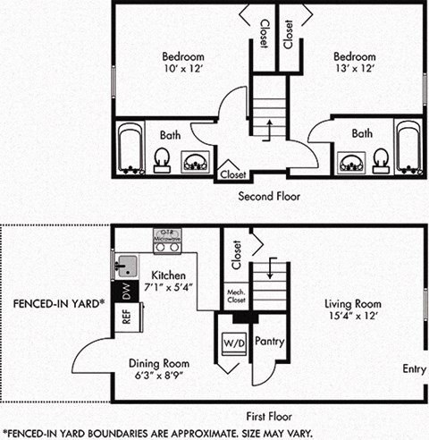 Floor plan for 2 beds, 2 baths, 954 sqft