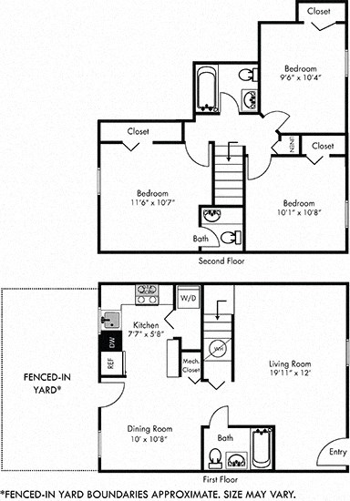 Floor plan for 3 beds, 2.5 baths, 1118 sqft