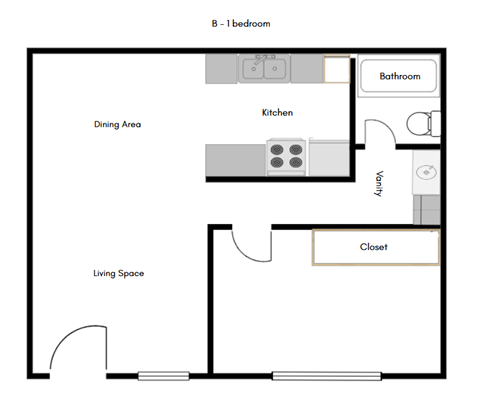 Floor plan for 1 bed, 1 bath, 500 sqft