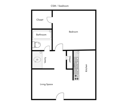 Floor plan for 1 bed, 1 bath, 550 sqft
