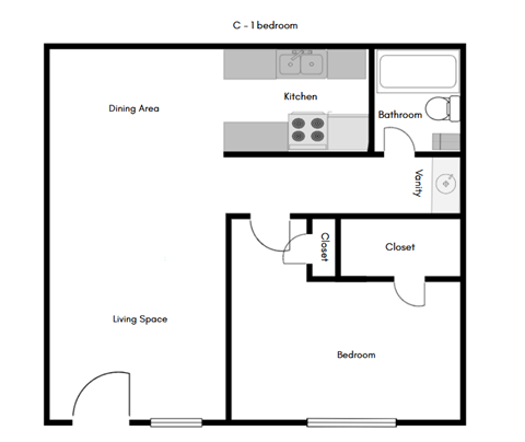 Floor plan for 1 bed, 1 bath, 650 sqft