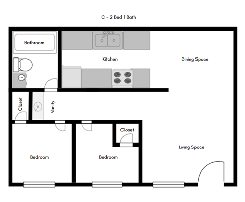 Floor plan for 2 beds, 1 bath, 1000 sqft