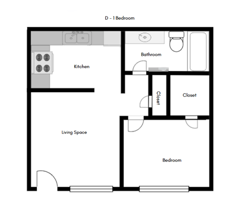 Floor plan for 1 bed, 1 bath, 585 sqft