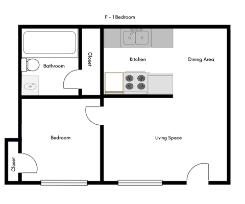 Floor plan for 1 bed, 1 bath, 500 sqft