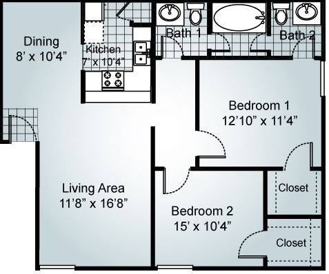 Floor plan for 2 beds, 1.5 baths, 875 sqft