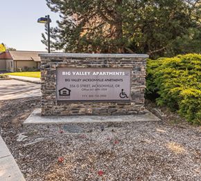 Jacksonville apartment for rent - a sign for big valley apartments with trees in the background