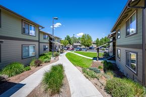 Redmond apartment for rent - A sunny day in a residential area with houses on both sides of a walkway.