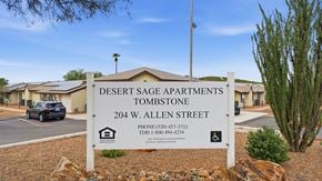 Tombstone apartment for rent - A sign for Desert Sage Apartments in Tombstone stands in front of the building.