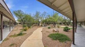 Tombstone apartment for rent - A garden area with a gravel path and a grassy area with a statue.