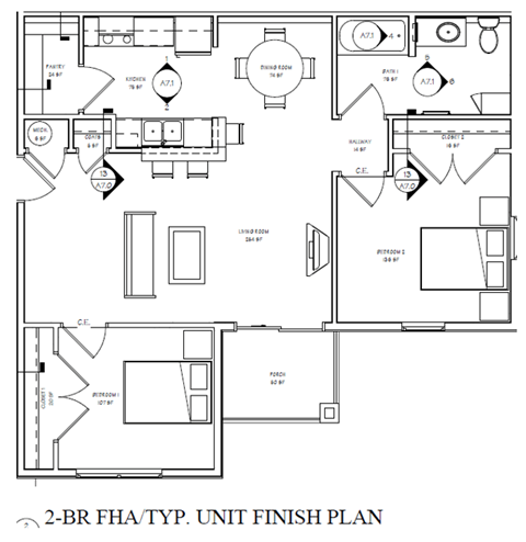 Floor plan for 2 beds, 1 bath, 925 sqft