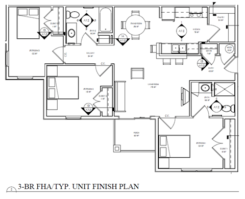 Floor plan for 3 beds, 2 baths, 1113 sqft