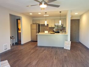 Auburn apartment for rent - an empty living room with a kitchen and a ceiling fan