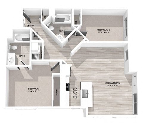 Floor plan for 2 beds, 2 baths, 1066 sqft