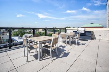 Rooftop with skyline views, grills, and fire pit