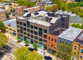 Chicago apartment for rent - a view from above of a city street and buildings