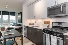 Chicago apartment for rent - a kitchen with stainless steel appliances and a counter top with a sink and a microwave