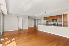 Des Plaines apartment for rent - a large living room with a kitchen and a hard wood floor