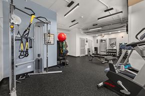 Des Plaines apartment for rent - a gym with weights and other equipment on the floor and a red ball in the