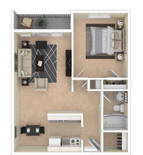 Floor plan for 1 bed, 1 bath, 750 sqft