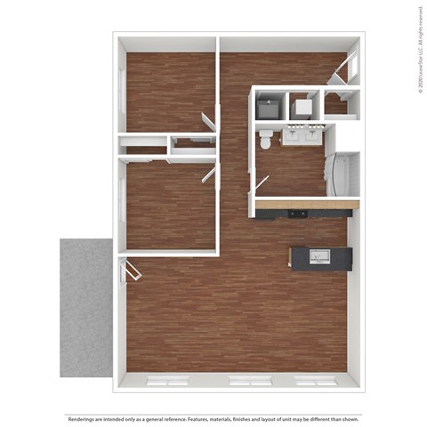 Floor plan for 2 beds, 1 bath, 1101 sqft