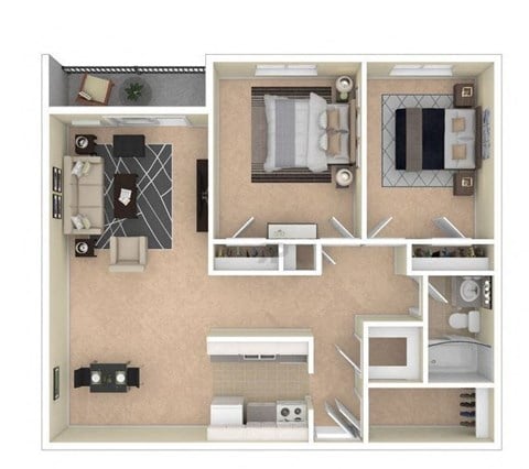 Floor plan for 2 beds, 1 bath, 950 sqft
