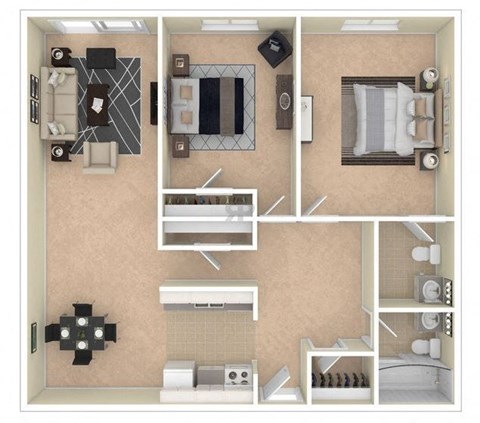 Floor plan for 2 beds, 2 baths, 1050 sqft