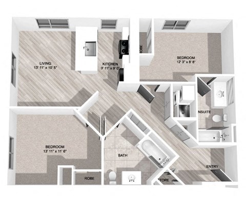 Floor plan for 2 beds, 2 baths, 956 sqft