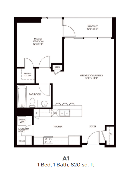 Floor plan for 1 bed, 1 bath, 820 sqft