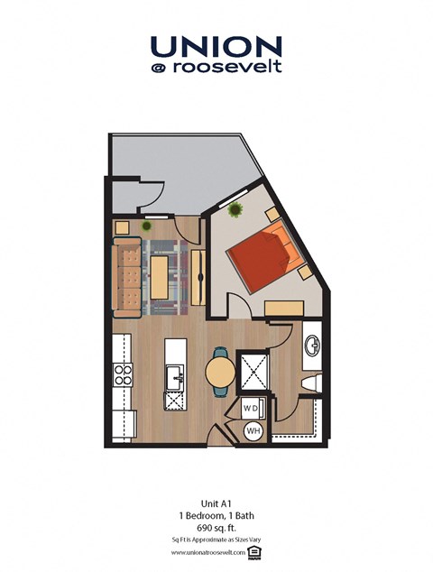 Floor plan for 1 bed, 1 bath, 690 sqft
