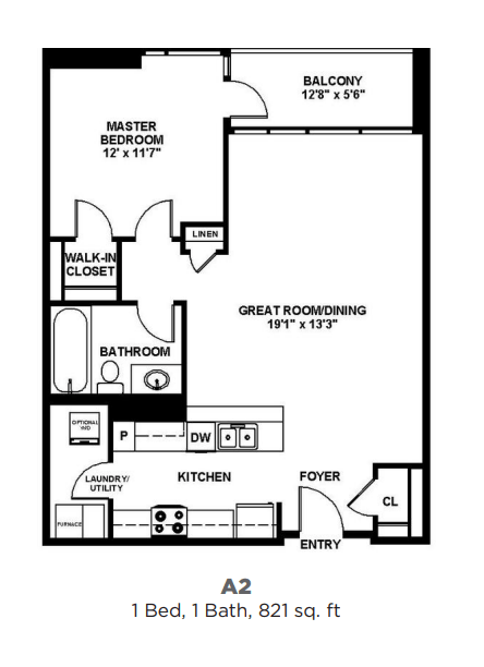 Floor plan for 1 bed, 1 bath, 821 sqft