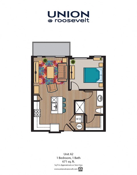 Floor plan for 1 bed, 1 bath, 671 sqft