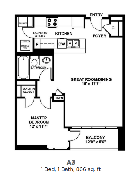 Floor plan for 1 bed, 1 bath, 866 sqft