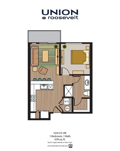 Floor plan for 1 bed, 1 bath, 625 sqft