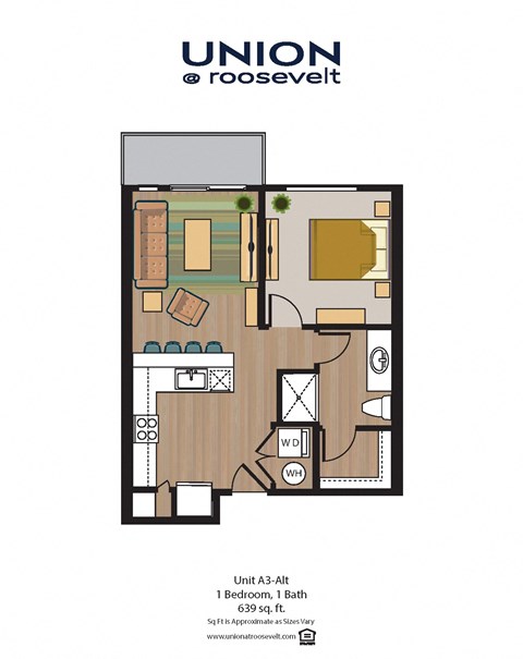 Floor plan for 1 bed, 1 bath, 639 sqft