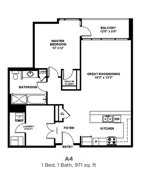 Floor plan for 1 bed, 1 bath, 971 sqft