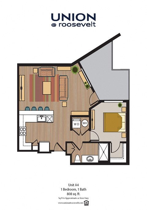 Floor plan for 1 bed, 1 bath, 808 sqft
