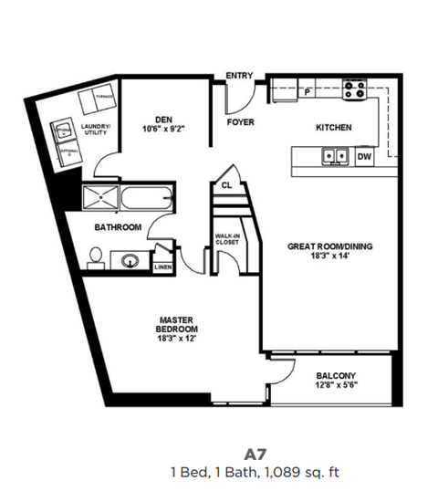 Floor plan for 1 bed, 1 bath, 1089 sqft