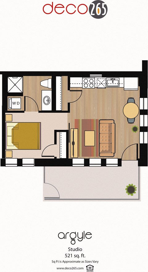 Floor plan for studio, 1 bath, 521 sqft
