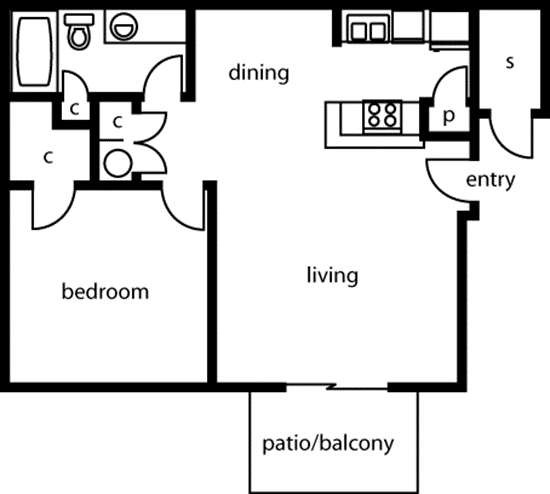 Floor plan for 1 bed, 1 bath, 712 sqft