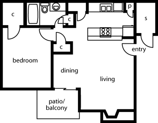 Floor plan for 1 bed, 1 bath, 695 sqft