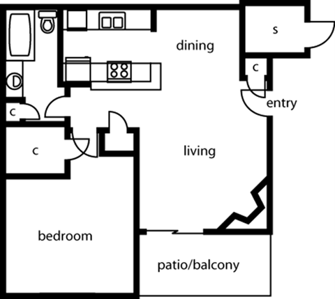 Floor plan for 1 bed, 1 bath, 782 sqft