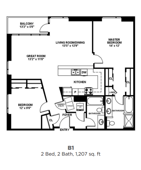 Floor plan for 2 beds, 2 baths, 1207 sqft