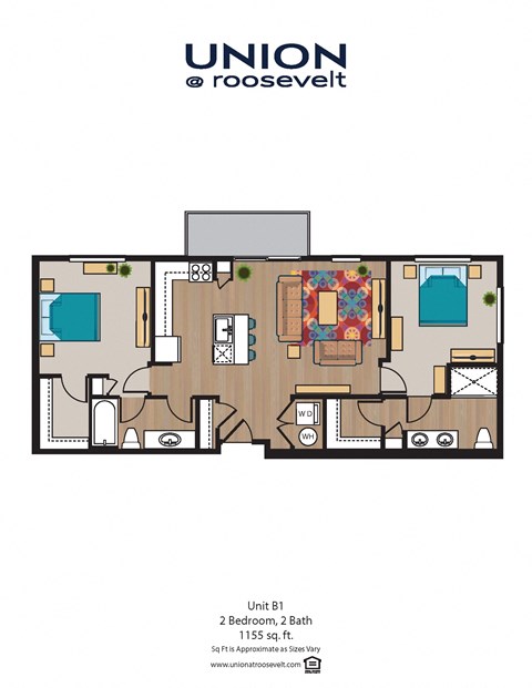 Floor plan for 2 beds, 2 baths, 1155 sqft
