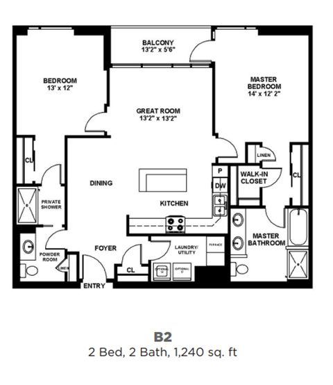 Floor plan for 2 beds, 2 baths, 1240 sqft