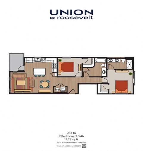 Floor plan for 2 beds, 2 baths, 1162 sqft