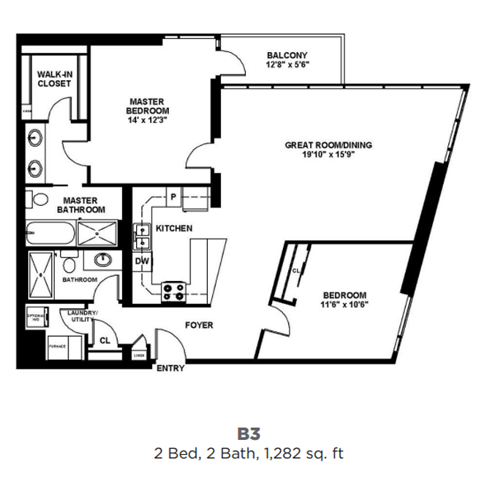 Floor plan for 2 beds, 2 baths, 1282 sqft