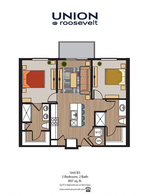 Floor plan for 2 beds, 2 baths, 897 sqft