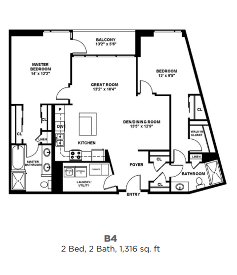 Floor plan for 2 beds, 2 baths, 1316 sqft