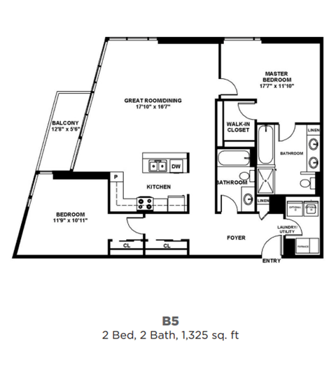 Floor plan for 2 beds, 2 baths, 1325 sqft