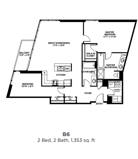 Floor plan for 2 beds, 2 baths, 1353 sqft